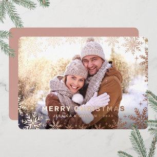 Carte De Vœux En Aluminium Élégant Noël Foliage Photo Rose Gold