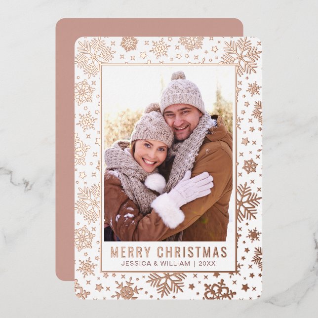 Carte De Vœux En Aluminium Élégant Noël Foliage Photo Rose Gold (Recto/Verso)