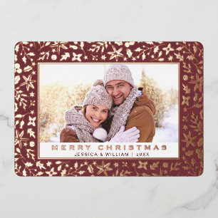 Carte De Vœux En Aluminium Élégant Noël Foliage Photo Rose Gold