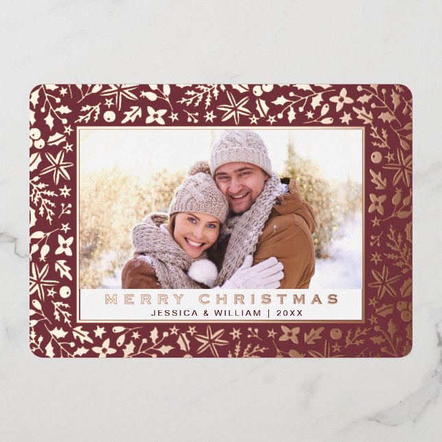Carte De Vœux En Aluminium Élégant Noël Foliage Photo Rose Gold (Recto)