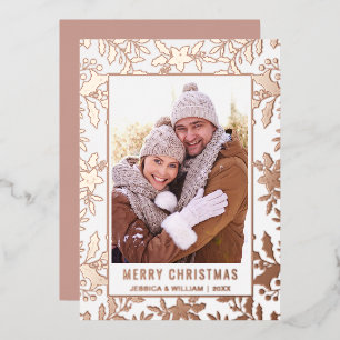 Carte De Vœux En Aluminium Élégant Noël Foliage Photo Rose Gold