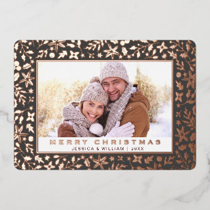 Carte De Vœux En Aluminium Élégant Noël Foliage Photo Rose Gold