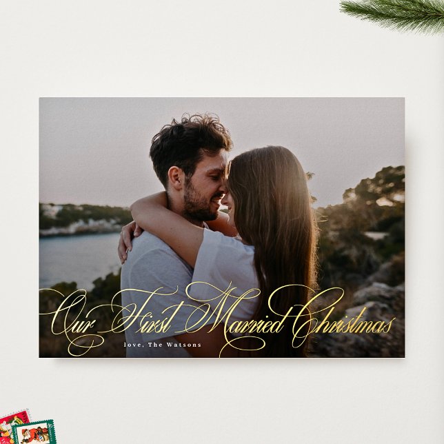 Carte De Vœux En Aluminium Élégant | Notre premier Noël Marié | Photo Gold (Créateur téléchargé)