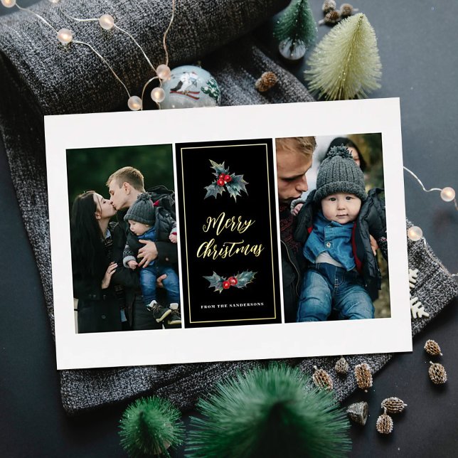 Carte De Vœux En Aluminium Élégant Peint Holly Deux Photo Joyeux Noël (Créateur téléchargé)