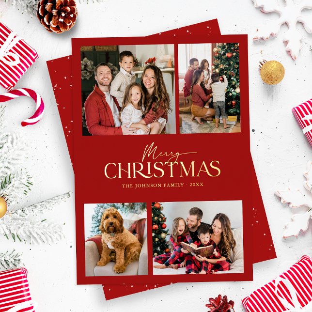 Carte De Vœux En Aluminium Elégant Rouge Joyeux Noël Famille Photo (Modern elegant red and gold foil typography photo collage christmas holiday card)