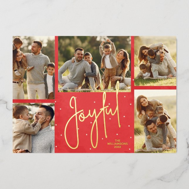 Carte De Vœux En Aluminium Élégant Rouge Multi Photo Joyeux (Recto)