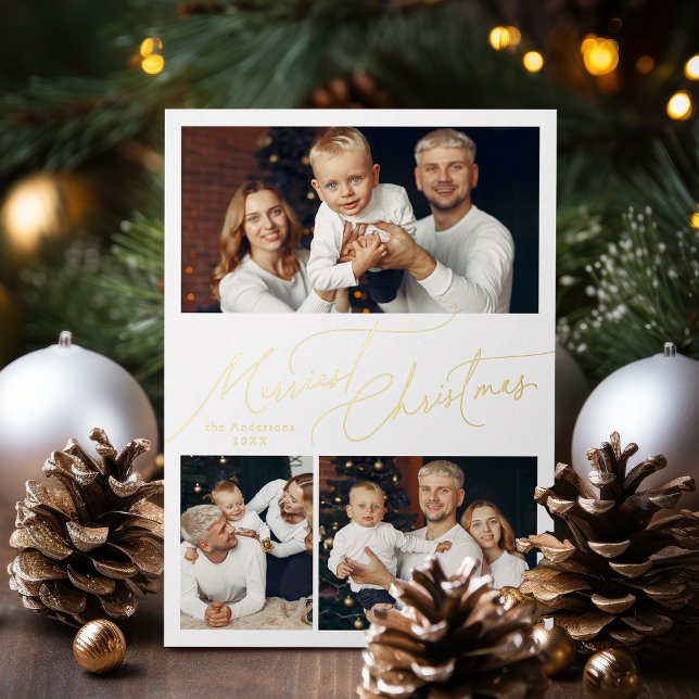 Carte De Vœux En Aluminium Elegant Script Merry Christmas Family 3 Photo (Elegant Script Merry Christmas Family 3 Photo Foil Holiday Card)
