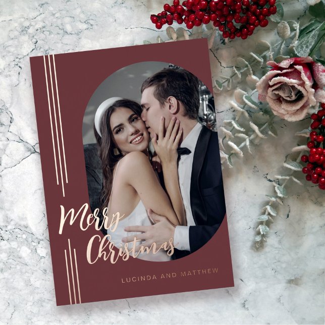 Carte De Vœux En Aluminium Élégant script minimal photo Noël (Real foil in rose gold make this elegant holiday card pop with style.
)