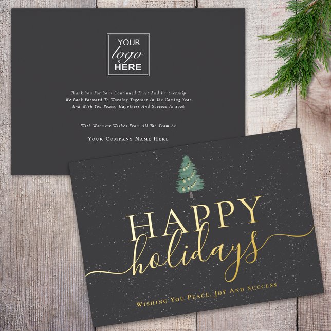 Carte De Vœux En Aluminium Elegant script modern festive pine tree Business (Elegant script modern festive pine tree Happy holidays christmas tree business logo gray & gold foil)