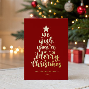 Carte De Vœux En Aluminium Élégant Script Red Gold Real Foil Joyeux Noël