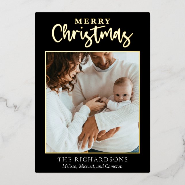 Carte De Vœux En Aluminium Elégant simple Joyeux Noël Famille Photo tendance (Recto)