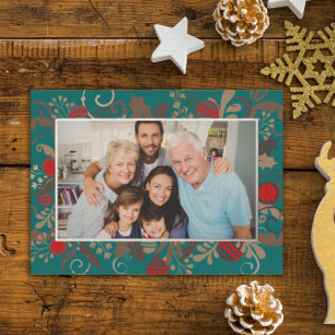 Carte De Vœux En Aluminium Elégant Turquoise & Silver Photo personnalisée Noë