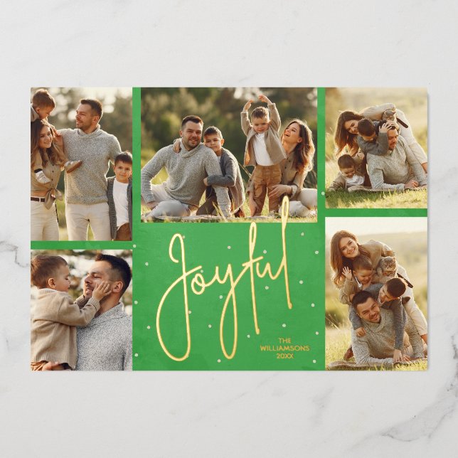 Carte De Vœux En Aluminium Elégant Vert Multi Photo Joyful Gold (Recto)