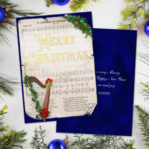 Carte De Vœux En Aluminium Élégant Vintage Noël Musique Harpe Bleu Or