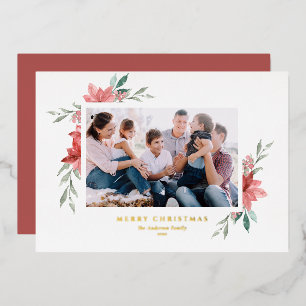 Carte De Vœux En Aluminium Elégante aquarelle Rouge Poinsettias Joyeux Noël