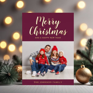 Carte De Vœux En Aluminium Élégante Bourgogne Gold Script Photo de Noël