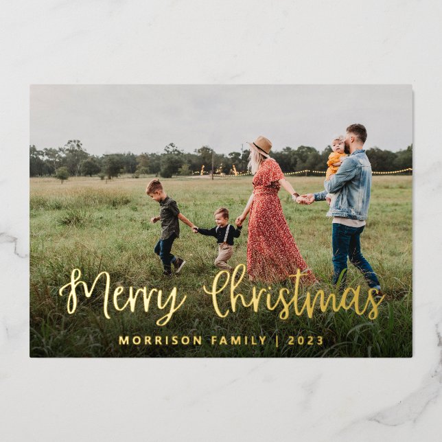 Carte De Vœux En Aluminium Élégante calligraphie Famille Photo Noël (Recto)