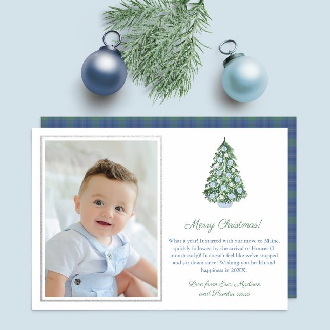 Carte De Vœux En Aluminium Élégante Chinoiserie Noël Bleu Blanc Argent (Simple elegant watercolor chinoiserie holidays card with photo and silver or gold foil elements)