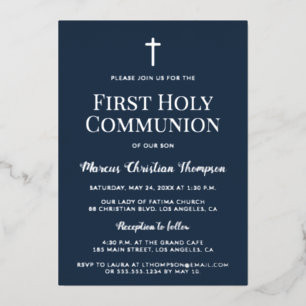 Carte De Vœux En Aluminium Elégante croix d'argent bleu Boy First Holy Commun