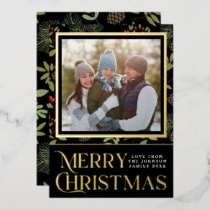 Carte De Vœux En Aluminium Élégante photo de Noël de houx noir et or