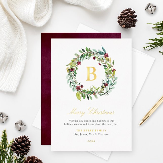 Carte De Vœux En Aluminium Élégante verdure hivernale Monogramme Wreath Gold (Créateur téléchargé)