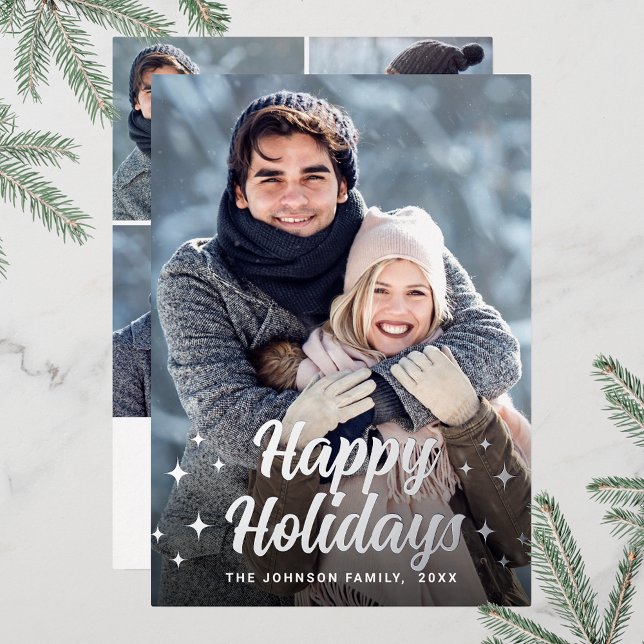 Carte De Vœux En Aluminium Étincelle Noël 5 PHOTO Salutation Argent (Customizable Christmas holiday greeting photo card with real foil print.)