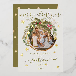 Carte De Vœux En Aluminium Eucalyptus et sapin de Noël couronne d'or étoiles 