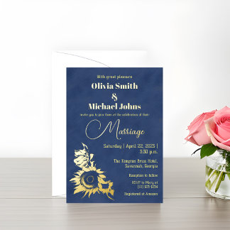 Carte De Vœux En Aluminium Faire-part de mariage d'or Sunflower Navy