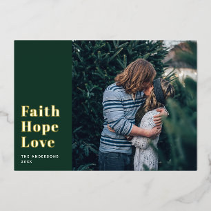 Carte De Vœux En Aluminium Faith Hope Love. Vert or Noël religieux