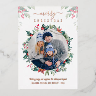 Carte De Vœux En Aluminium Famille de Noël Photo Verdure Rose Or