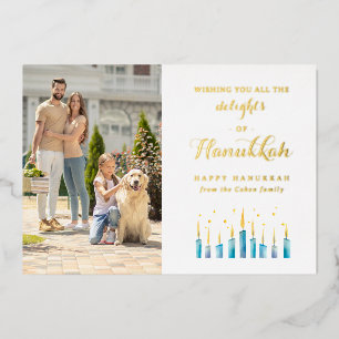 Carte De Vœux En Aluminium Famille Photo Aquarelle Hanukkah Écriture Élégante