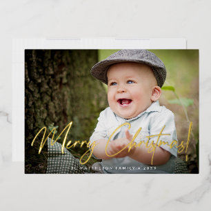 Carte De Vœux En Aluminium Famille Photo personnalisée Joyeux Script de Noël 