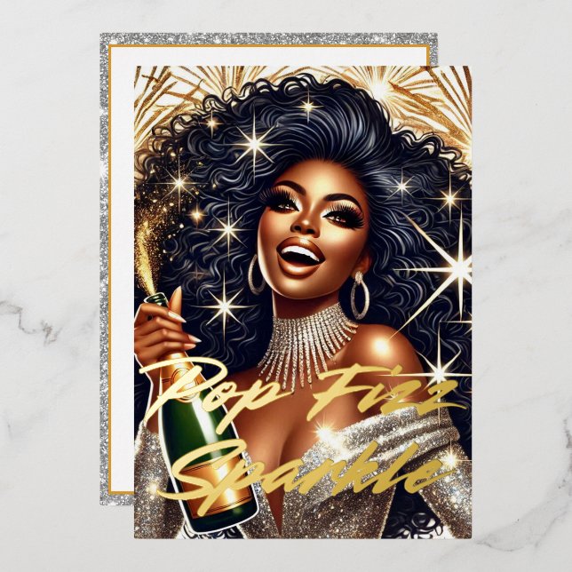 Carte De Vœux En Aluminium Femme Noire Glamour Faisant Saute une Bouteille de (Recto/Verso)