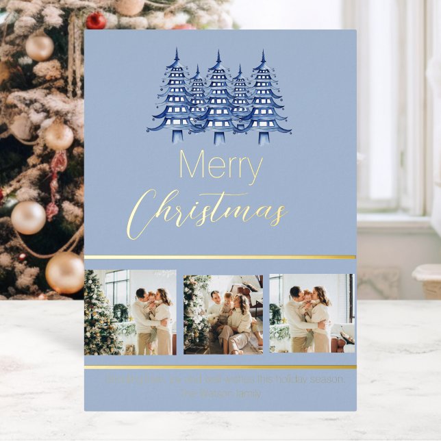 Carte De Vœux En Aluminium Festif Dusty Blue Noël Pagoda Tree (Festive Dusty Blue Christmas Pagoda Tree Foil Holiday Card)