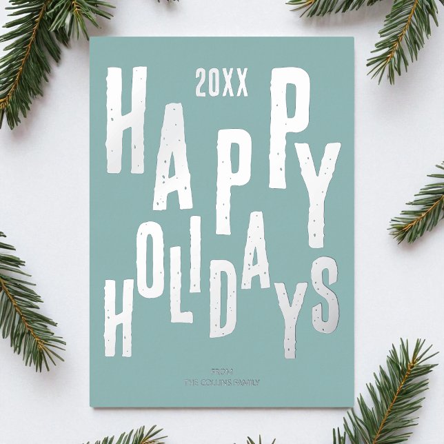 Carte De Vœux En Aluminium Festive moderne Bleu Joyeux Fêtes Noël (Modern Festive Blue Happy Holidays Christmas Foil Holiday Card)