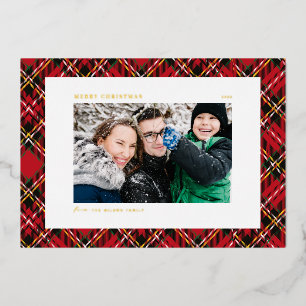 Carte De Vœux En Aluminium Festive Rouge Plaid Motif Photo Joyeux Noël
