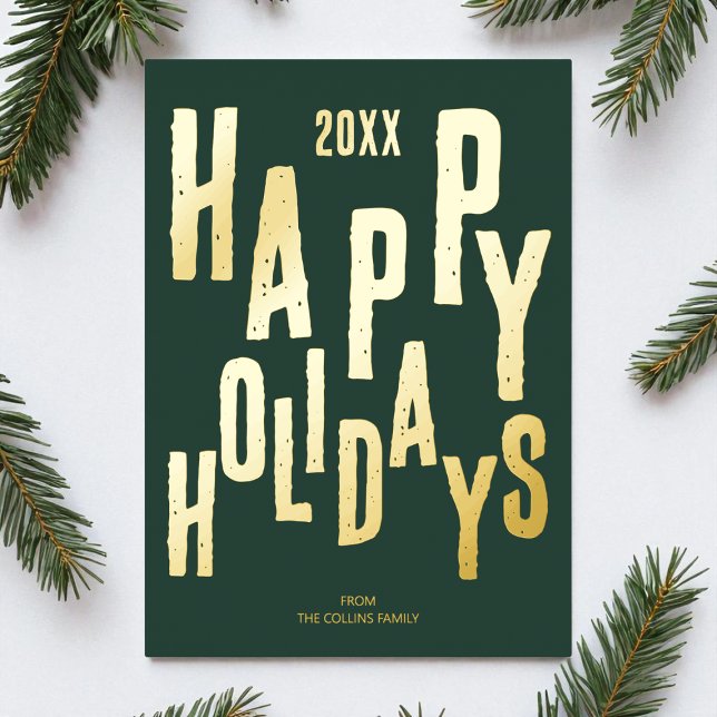 Carte De Vœux En Aluminium Fête verte moderne Joyeux Noël (Modern Green Festive Happy Holidays Christmas Foil Holiday Card)