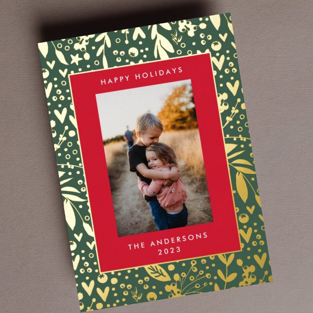 Carte De Vœux En Aluminium Feuille d'or pressée | Cadre Floral Rouge Vert | P (Créateur téléchargé)