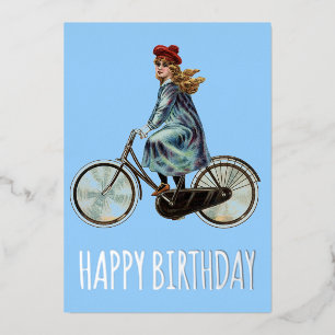 Carte De Vœux En Aluminium Fille au vélo vintage - Anniversaire