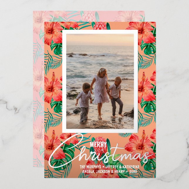 Carte De Vœux En Aluminium Fleurs tropicales Joyeux Noël Photo (Recto/Verso)