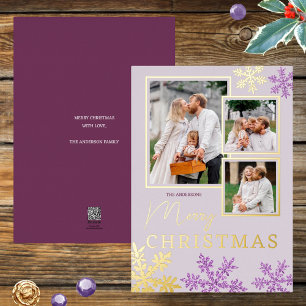 Carte De Vœux En Aluminium Flocon de neige Violet Glam 3 Photo Collage Gold
