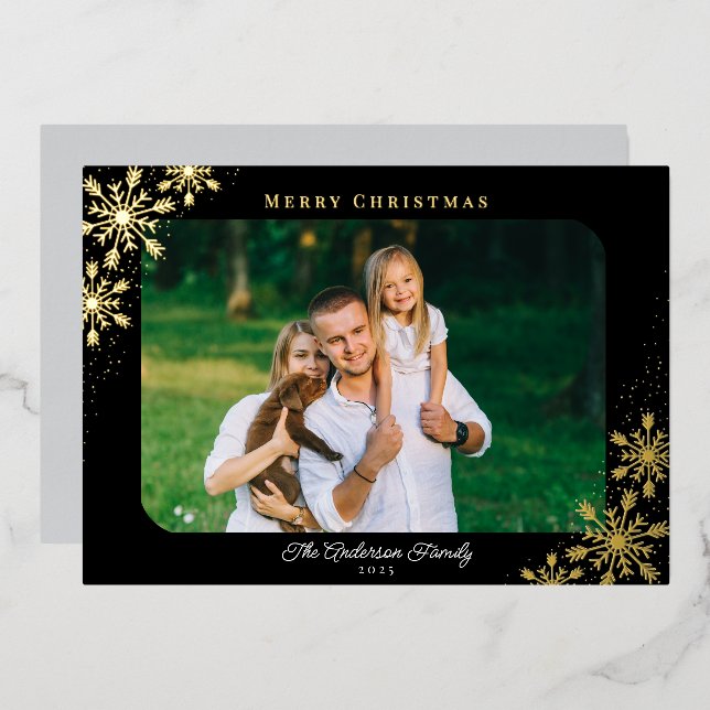 Carte De Vœux En Aluminium Flocons de Noël Coins Arrondis Photo Foil Or (Recto/Verso)