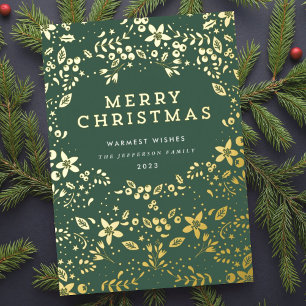 Carte De Vœux En Aluminium Flores de Noël Gold & Green Joyeux