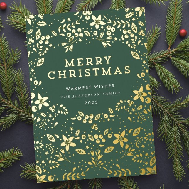 Carte De Vœux En Aluminium Flores de Noël Gold & Green Joyeux (Créateur téléchargé)