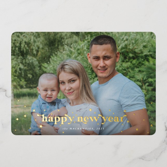 Carte De Vœux En Aluminium Font Moderne Rétro + Stars Bonne Année Photo (Recto)