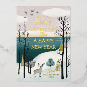 Carte De Vœux En Aluminium Forêt hivernale paisible & cerfs   Noël doré