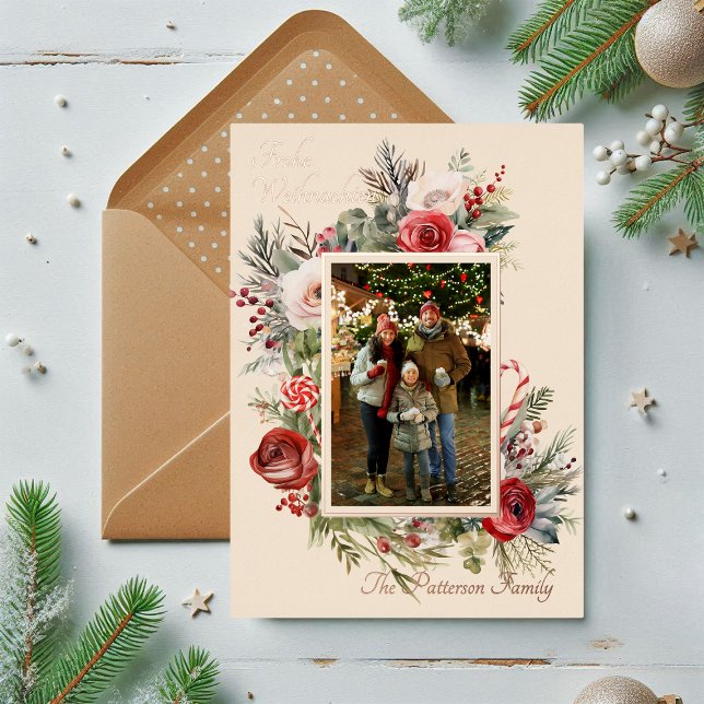 Carte De Vœux En Aluminium Frohe Weihnachten Photo Floral Foil Allemand (Créateur téléchargé)