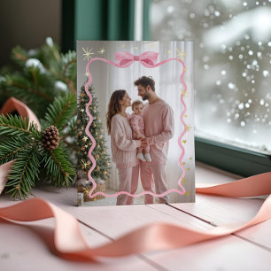 Carte De Vœux En Aluminium Fun Retro Wavy Pink Ribbon & Stars Photo Noël