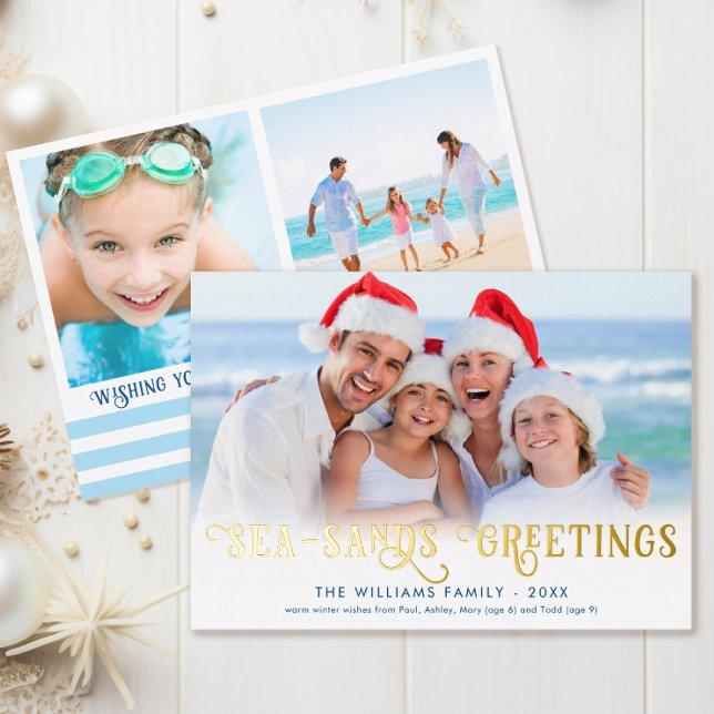 Carte De Vœux En Aluminium Funny Bonnes Fêtes de Noël côtier (This funny coastal Christmas card has gold foil on the front and says "Sea Sands Greetings")