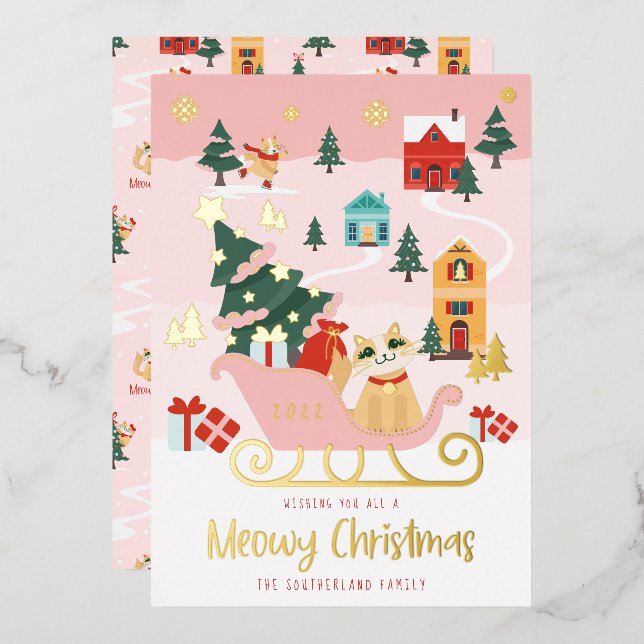 Carte De Vœux En Aluminium Funny Meowt Chat Noël Sleigh Village d'hiver (Recto/Verso)
